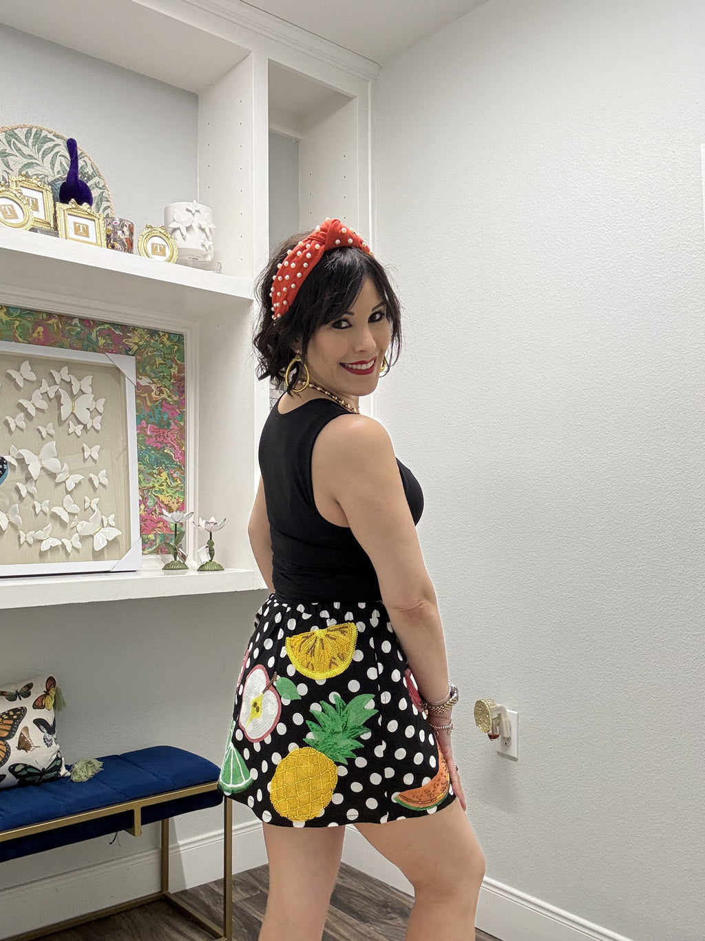 QOS Black & White Polka Dot Fruit Cotton Skirt