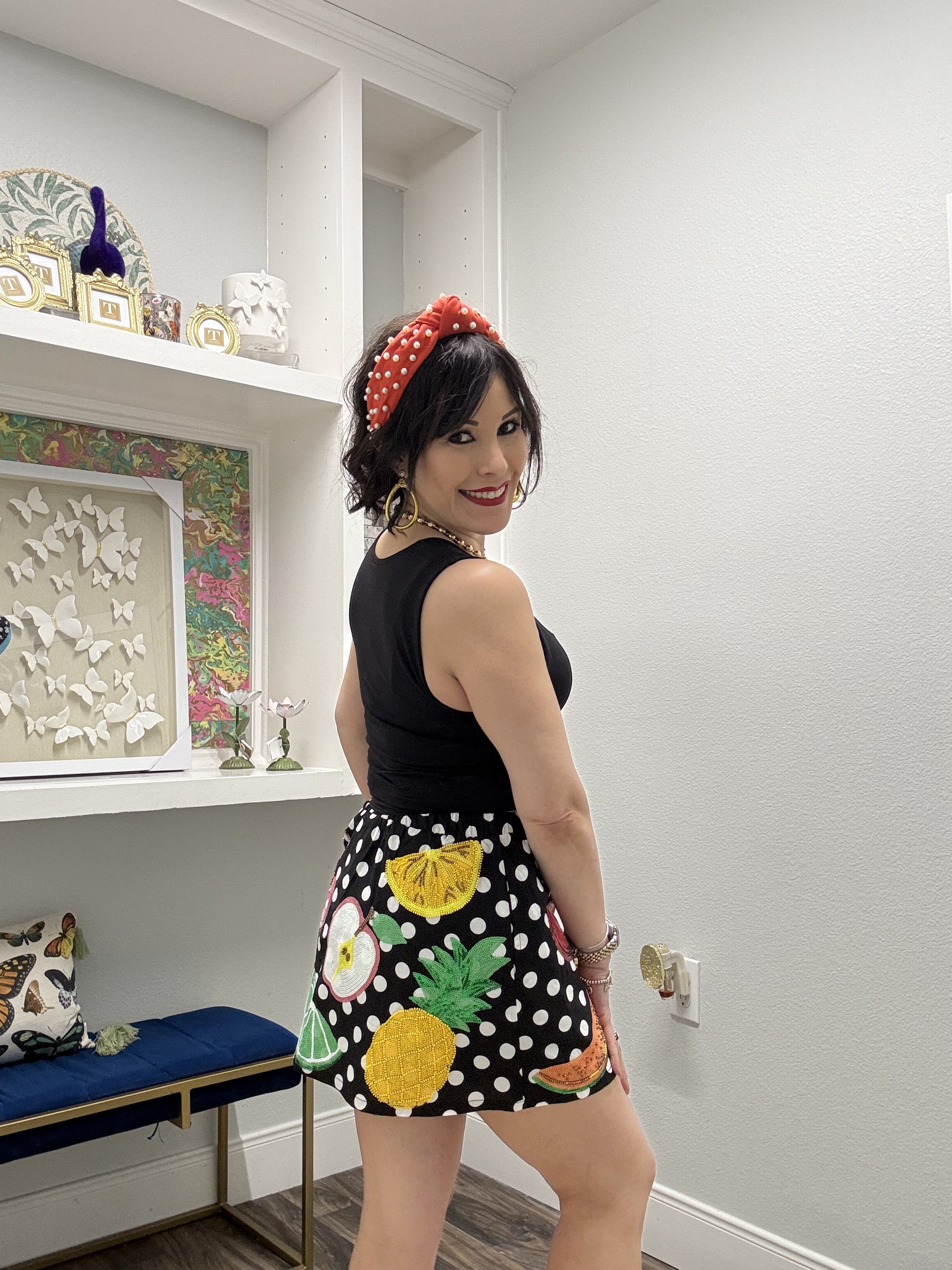 QOS Black & White Polka Dot Fruit Cotton Skirt