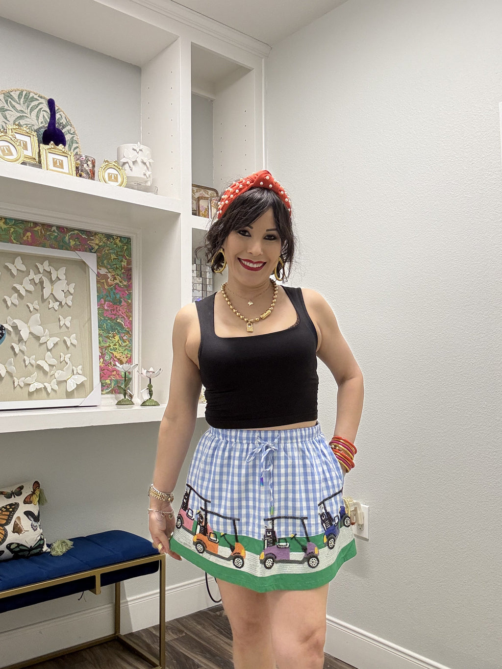 QOS Blue & White Gingham Golf Cart Skort
