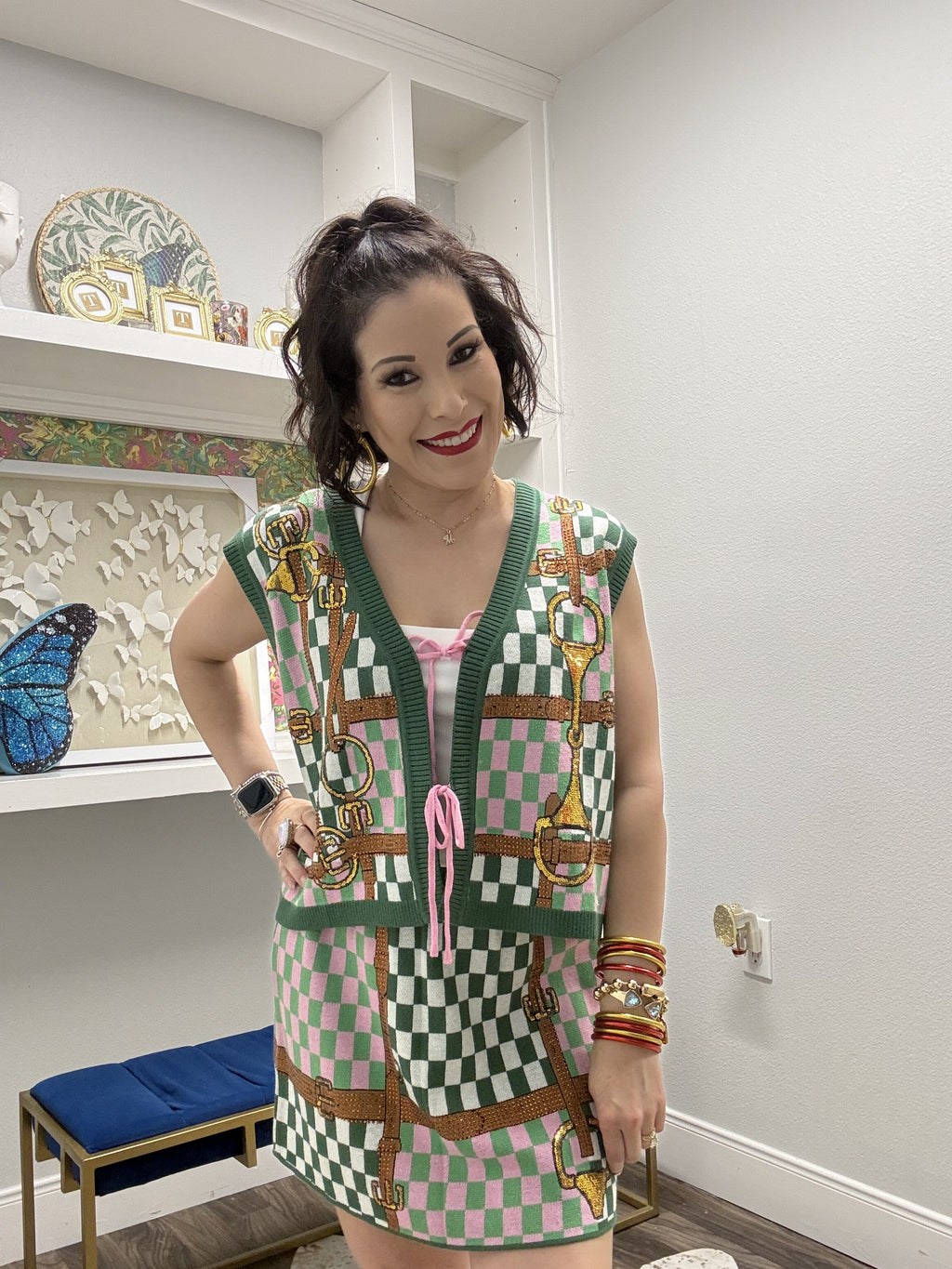 QOS Colorblock Checkered Horse Bit Skirt