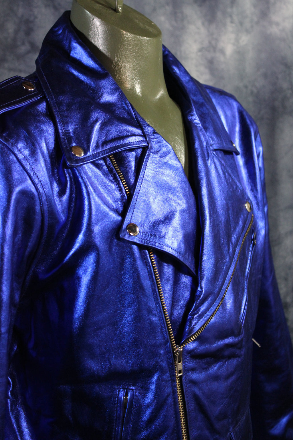 Otter and Fox Leather Biker Jackets in Blue Metallic