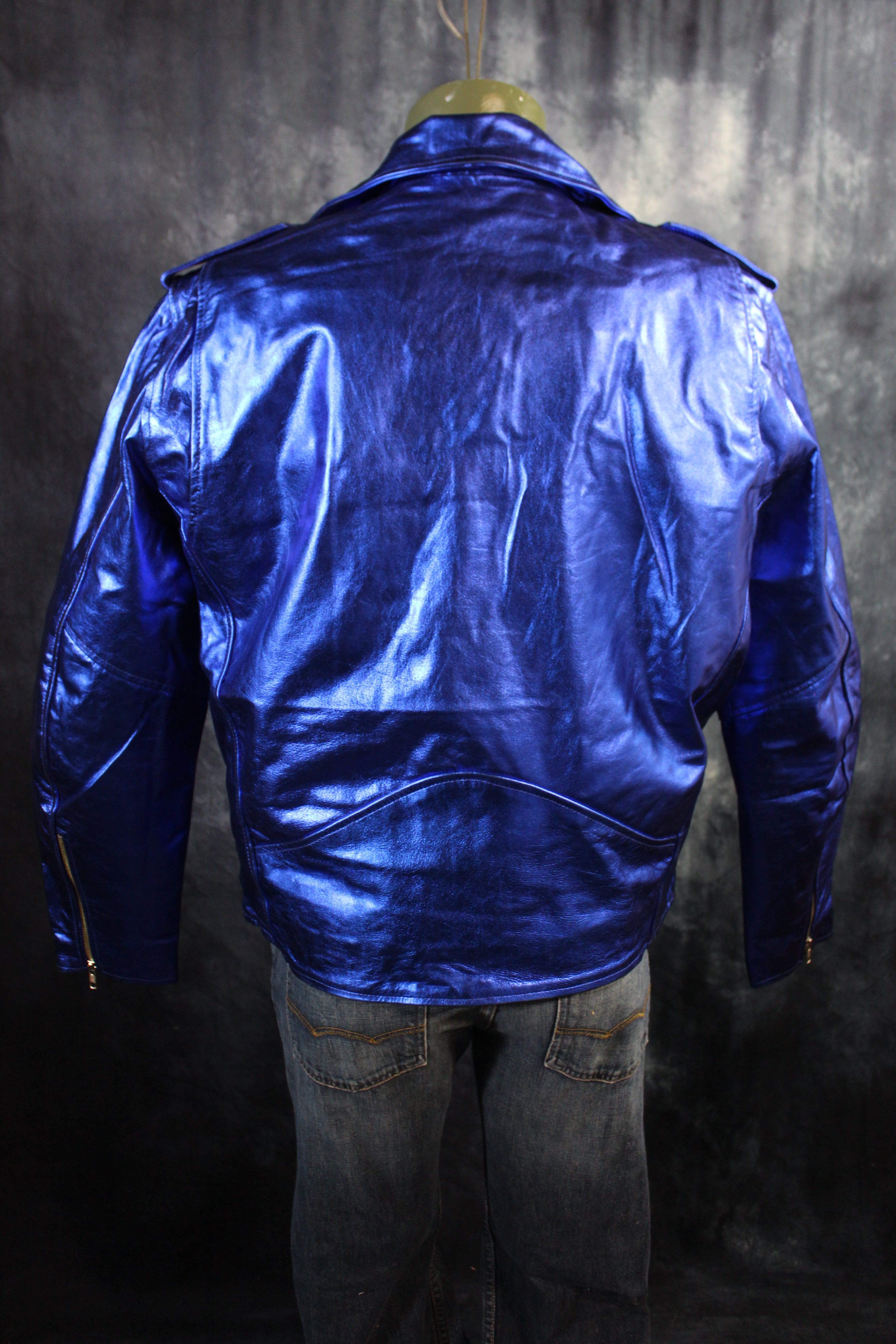 Otter and Fox Leather Biker Jackets in Blue Metallic