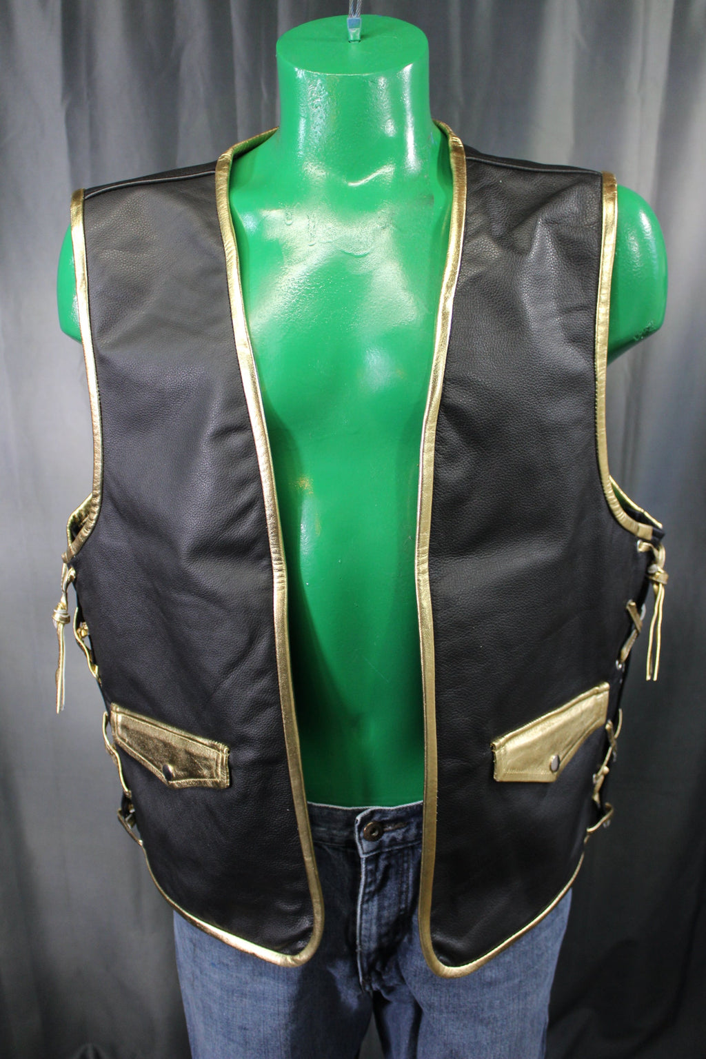 OnF Leather Bar Vest - Black with Gold Highlights
