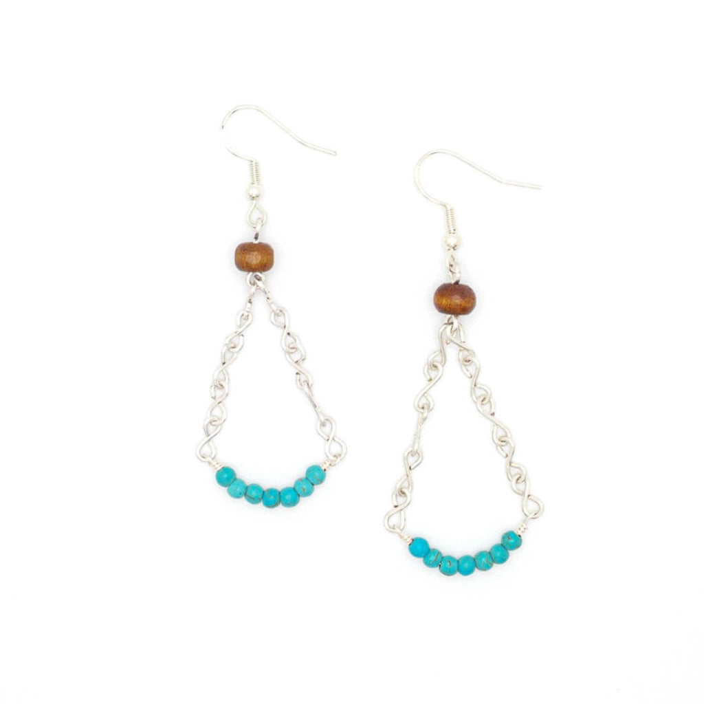 Jazmin turquoise and wood with handmade silver chain fishhook earrings
