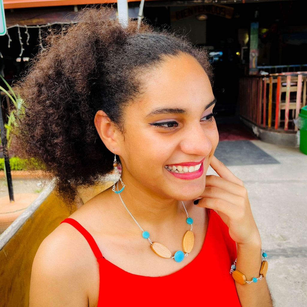 Jazmin turquoise and wood with handmade silver chain fishhook earrings