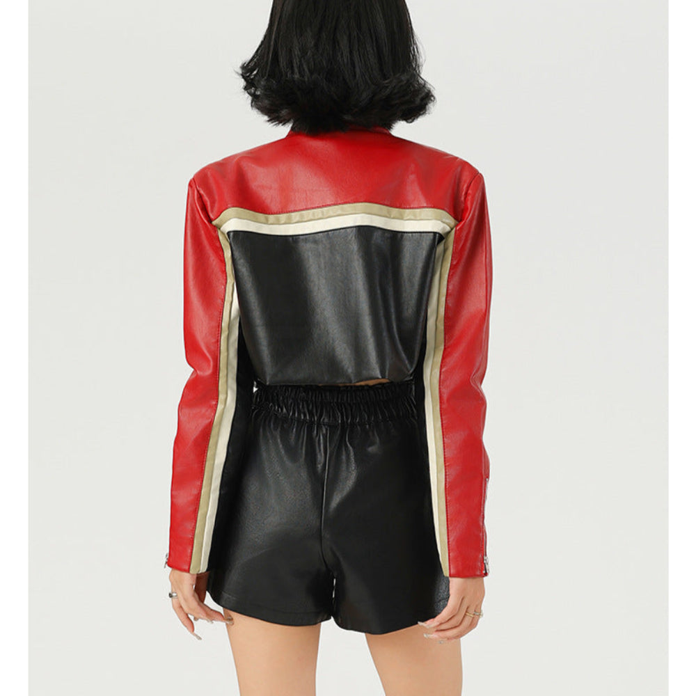 Women Cropped Vegan Leather Biker Jacket