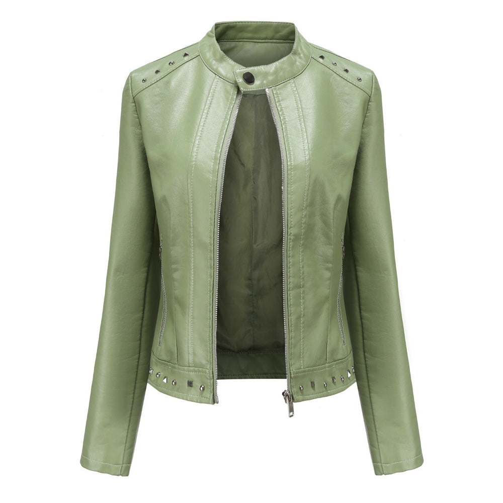 Women's Stand Collar Vegan Leather Jacket With Studs