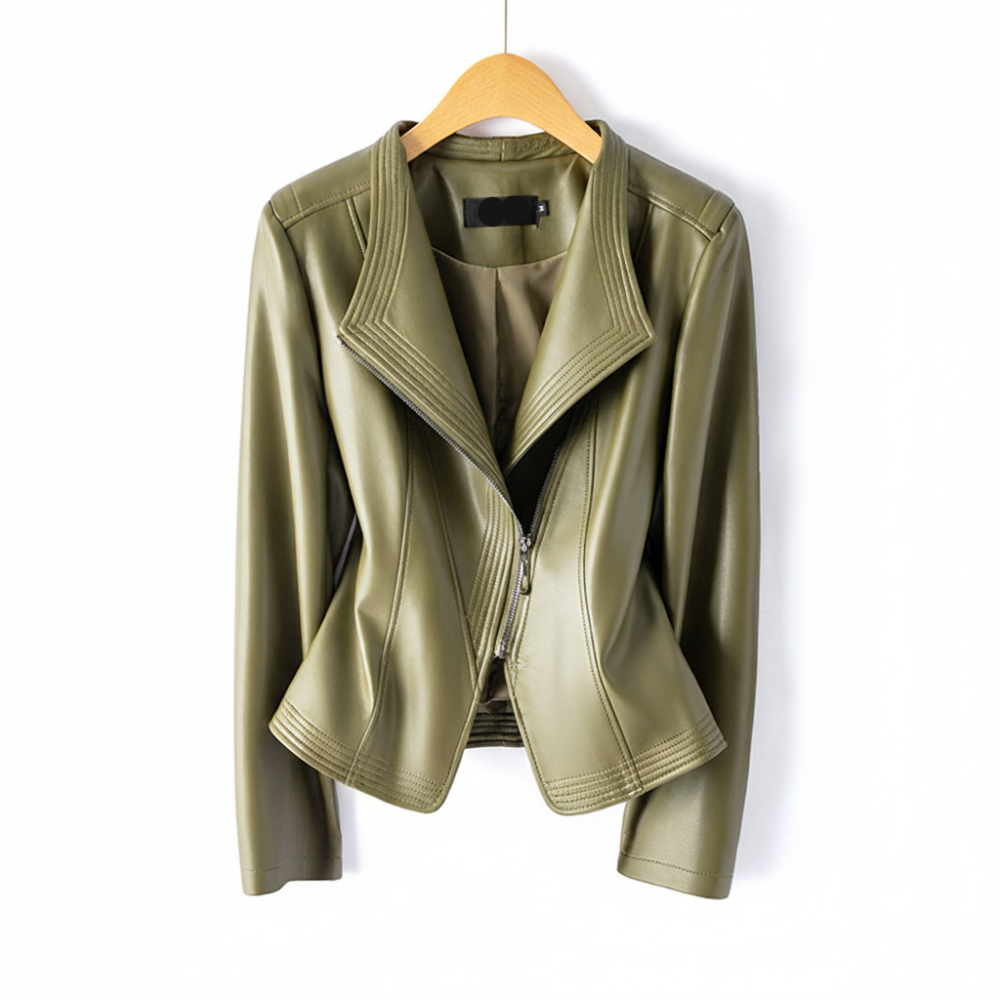 Women's Lapel Collar Vegan Leather Jacket