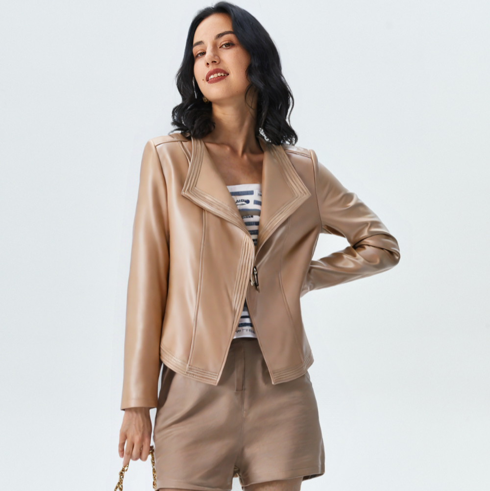 Women's Lapel Collar Vegan Leather Jacket