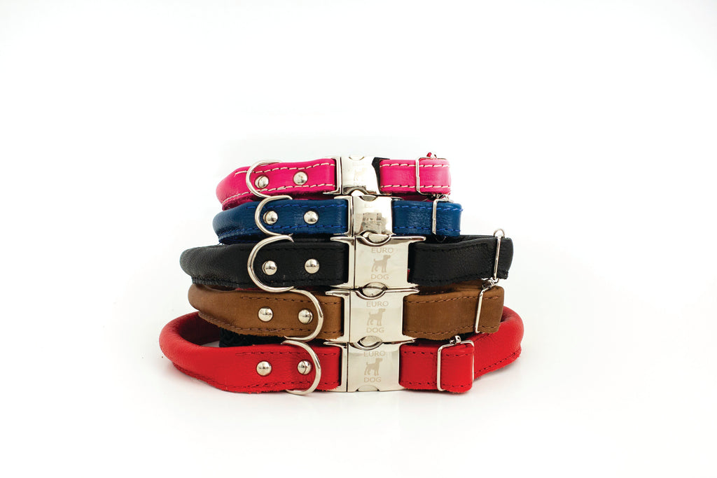 Rolled Style Black Leather Quick-Release Dog Collar