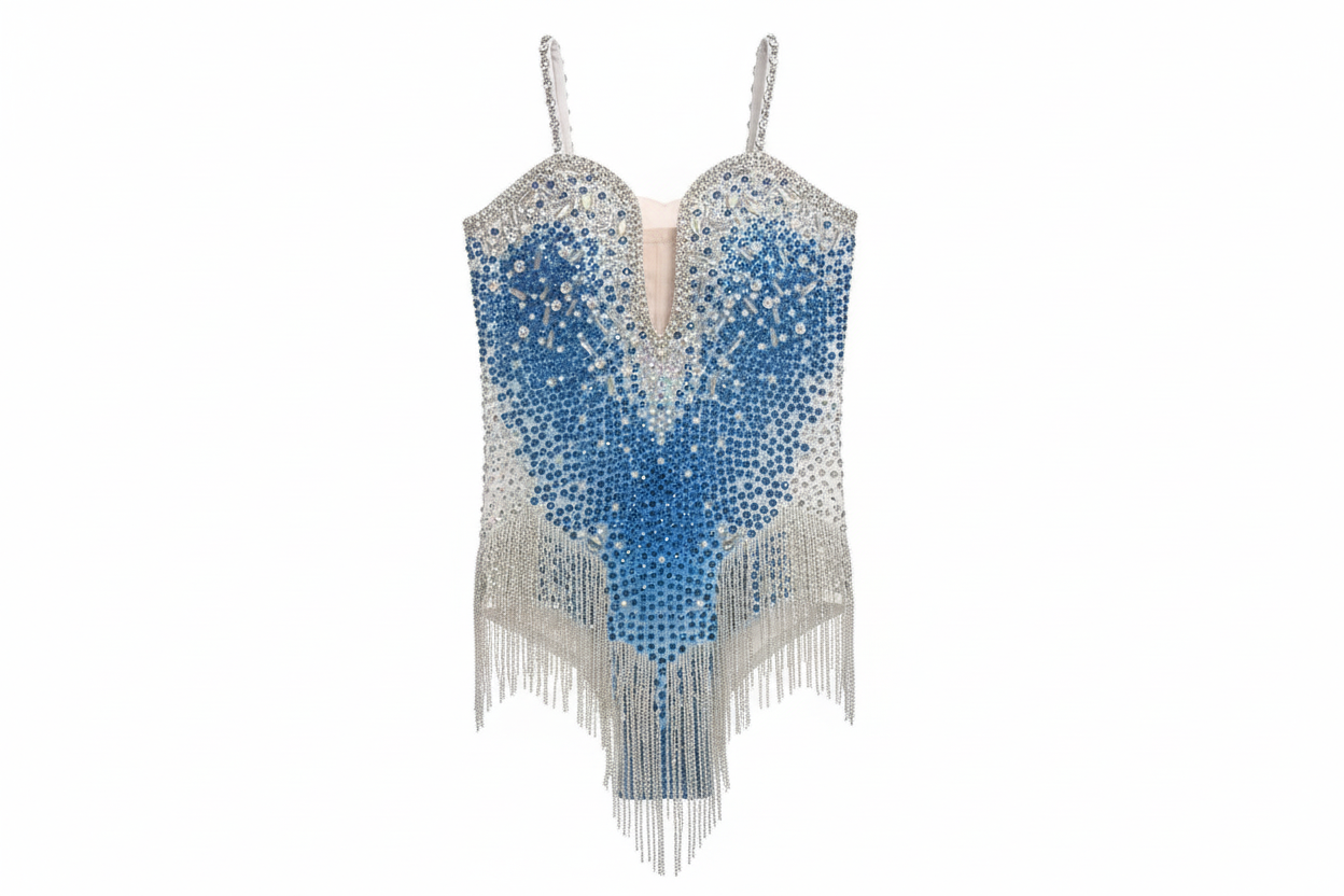 Rhinestone Fringe Bodysuit with Deep V Mesh Insert