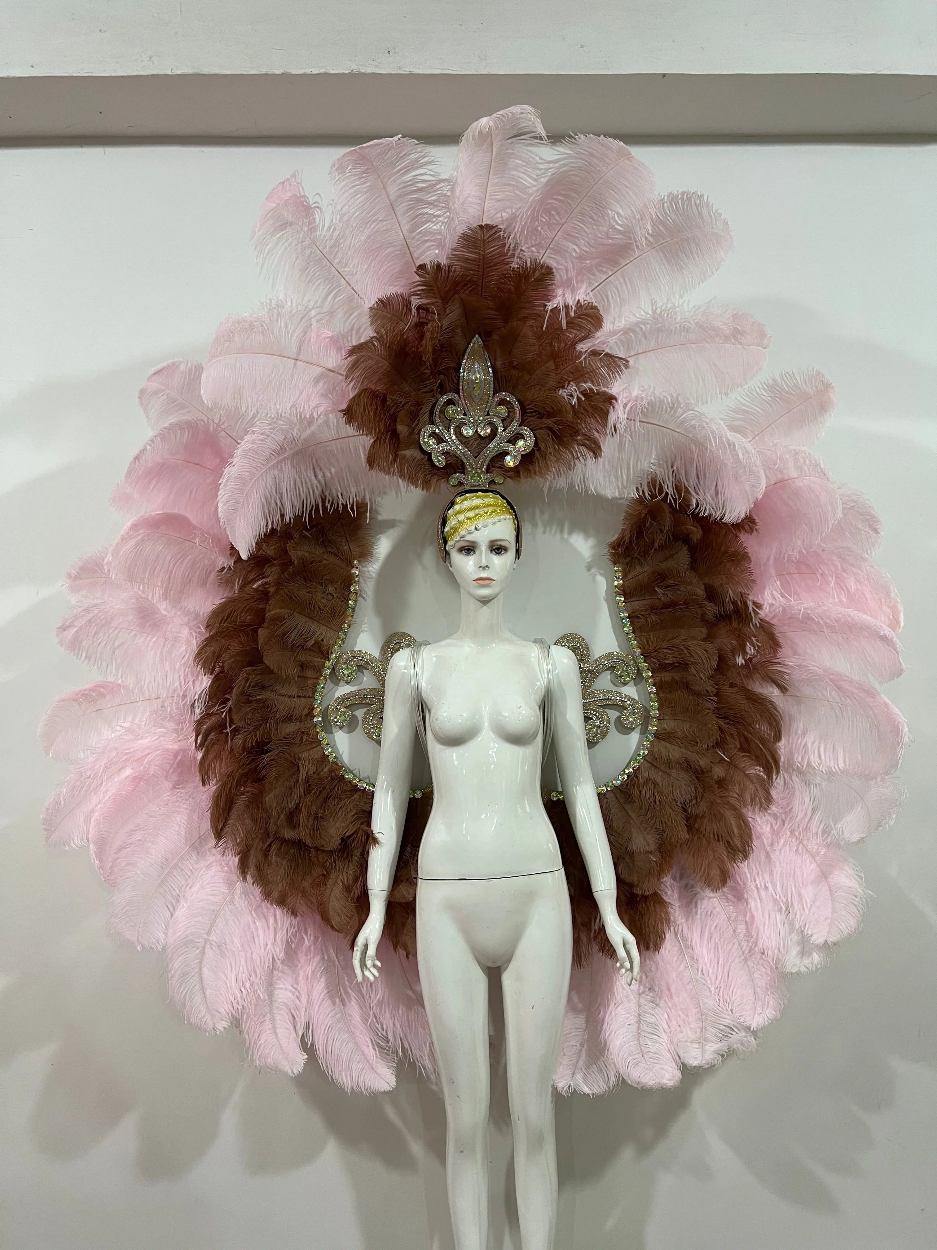 Two-Layer Feather Backpiece with Matching Rhinestone Headdress