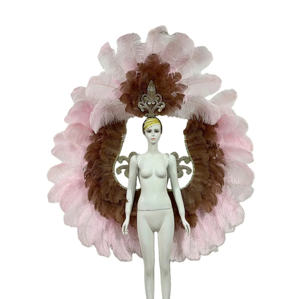 Two-Layer Feather Backpiece with Matching Rhinestone Headdress
