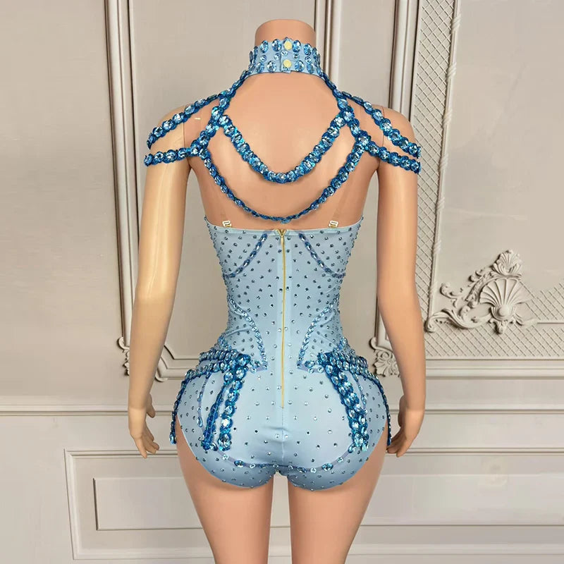Rhinestone Embellished Performance Bodysuit with Tiered Sequins