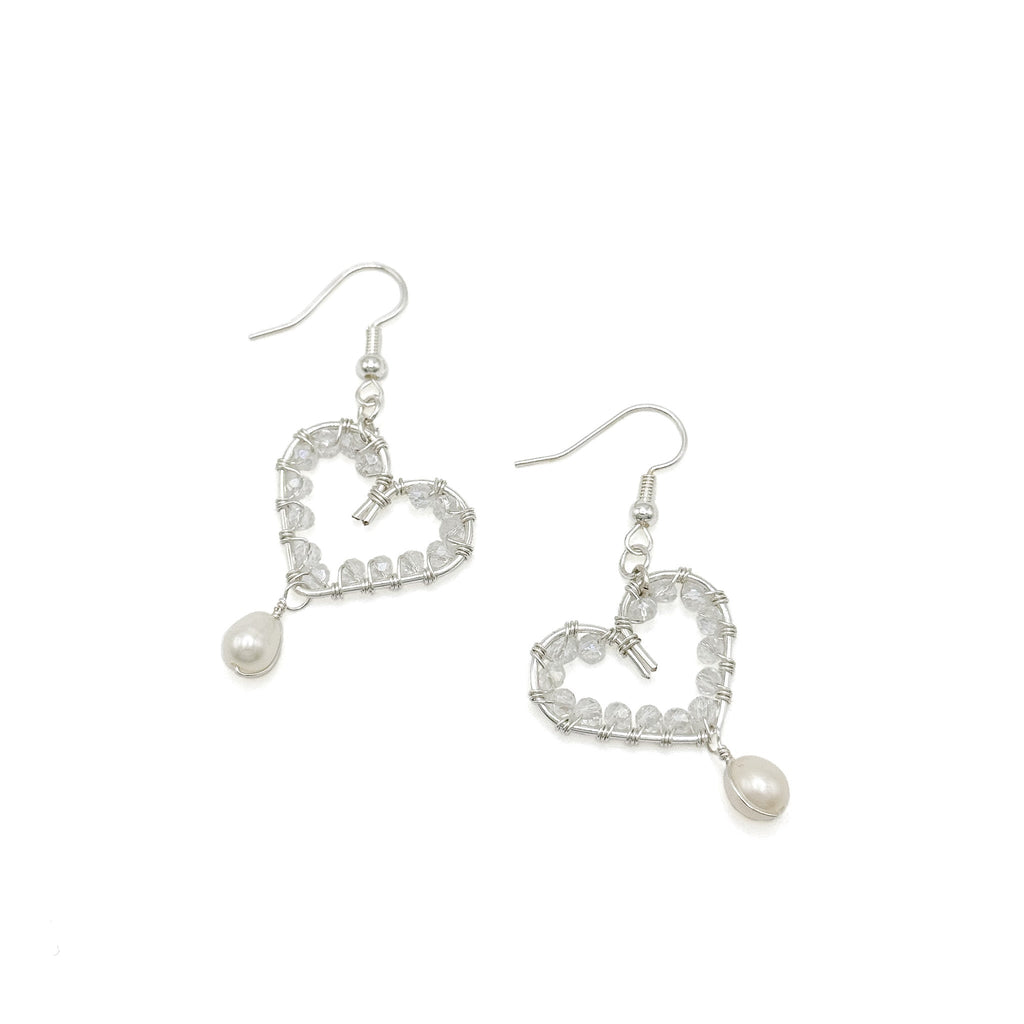 Smitten crystal and silver heart earrings with pearl