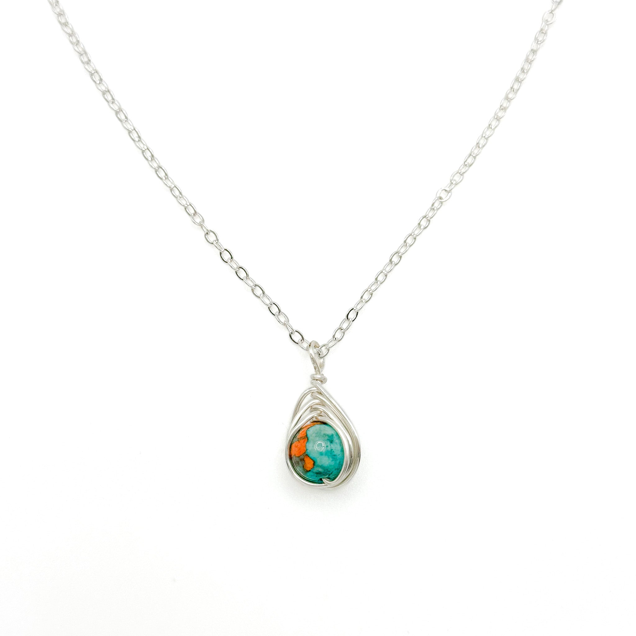 Sunrise turquoise, orange and cream jasper pendant and silver chain necklace