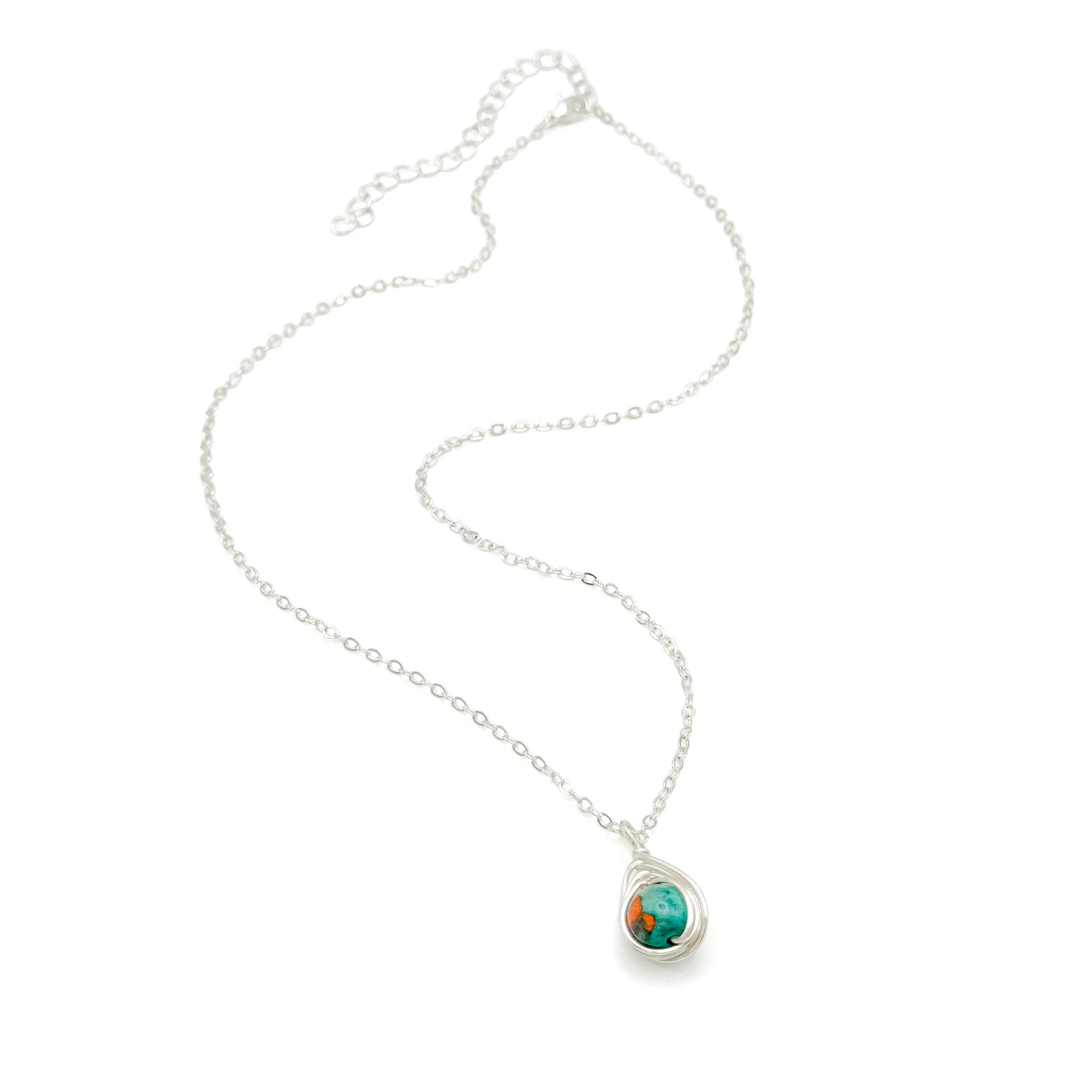 Sunrise turquoise, orange and cream jasper pendant and silver chain necklace