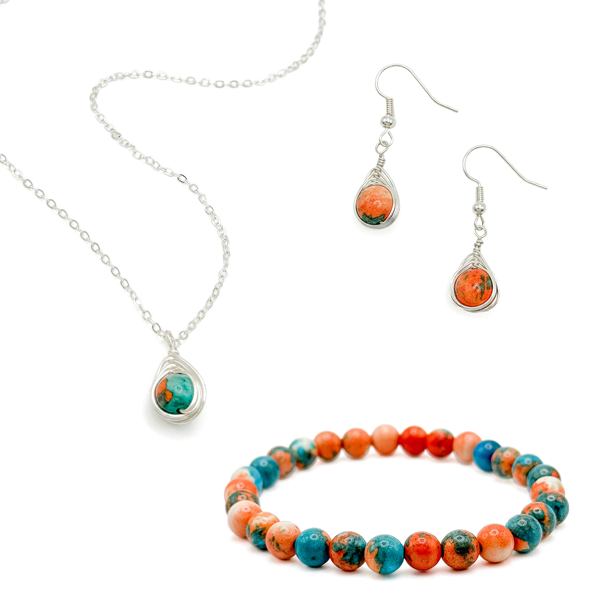 Sunrise turquoise, orange and cream jasper pendant and silver chain necklace
