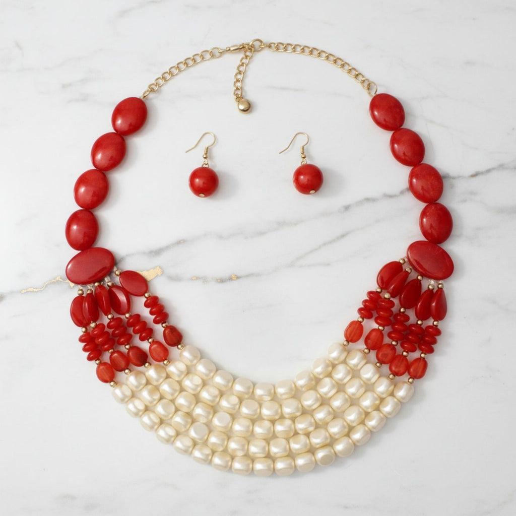 Beaded Marbled Red and Creamy Shine Layer Necklace