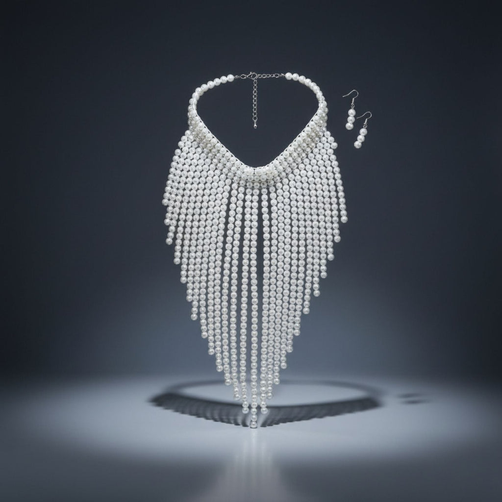 Bib Long White Pearl Fringe Choker Necklace