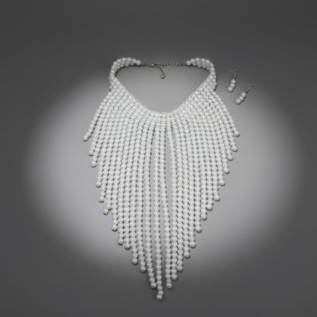 Bib Long White Pearl Fringe Choker Necklace