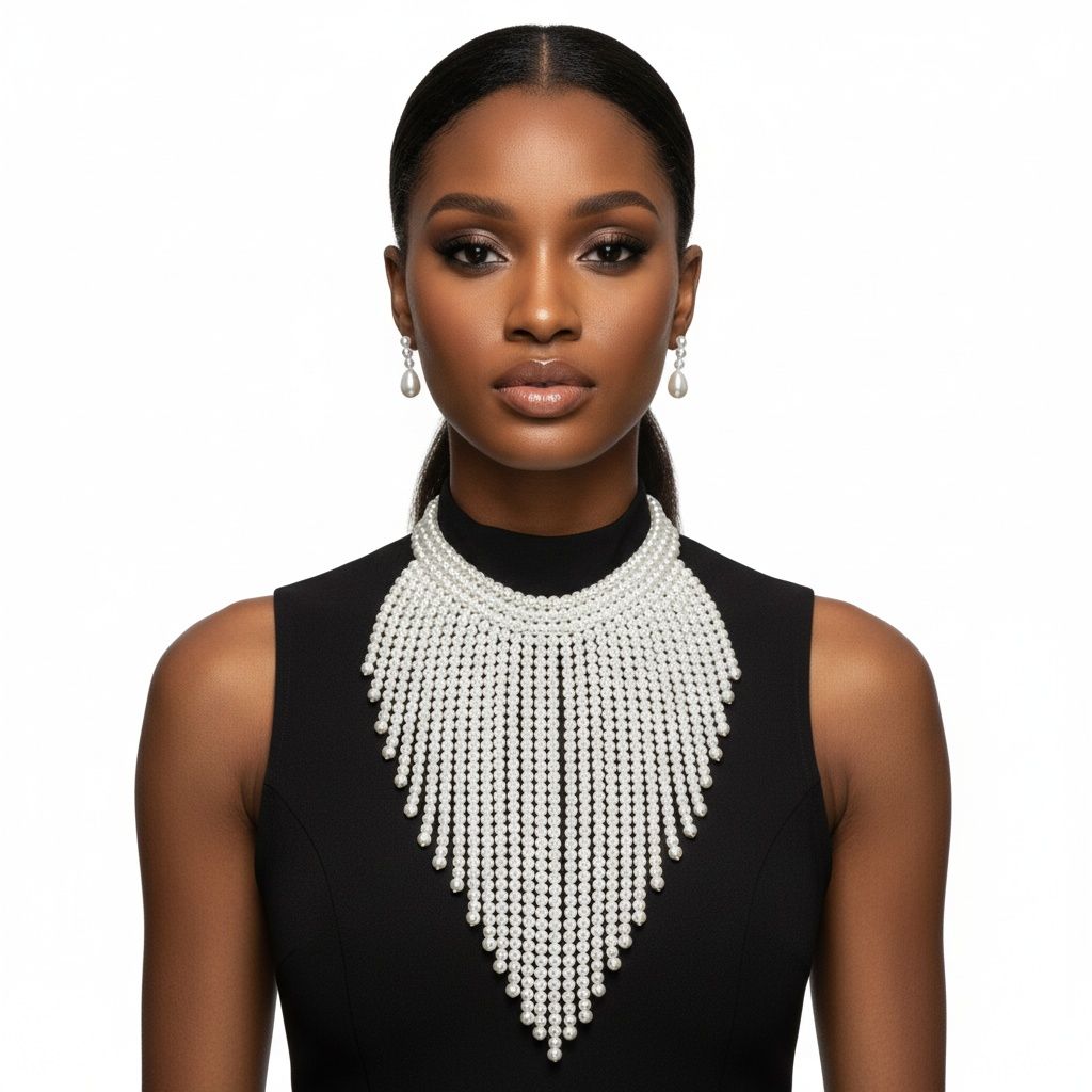 Bib Long White Pearl Fringe Choker Necklace