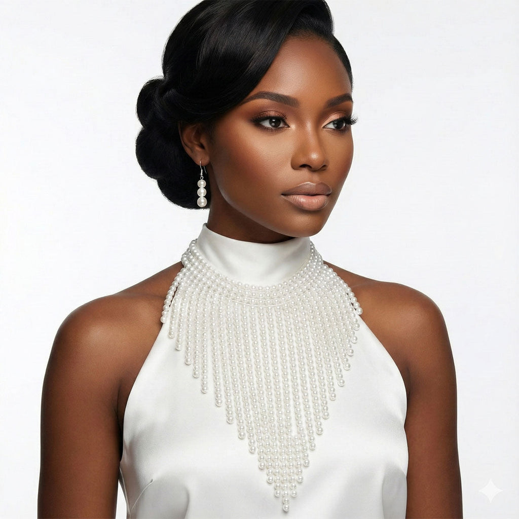 Bib Long White Pearl Fringe Choker Necklace