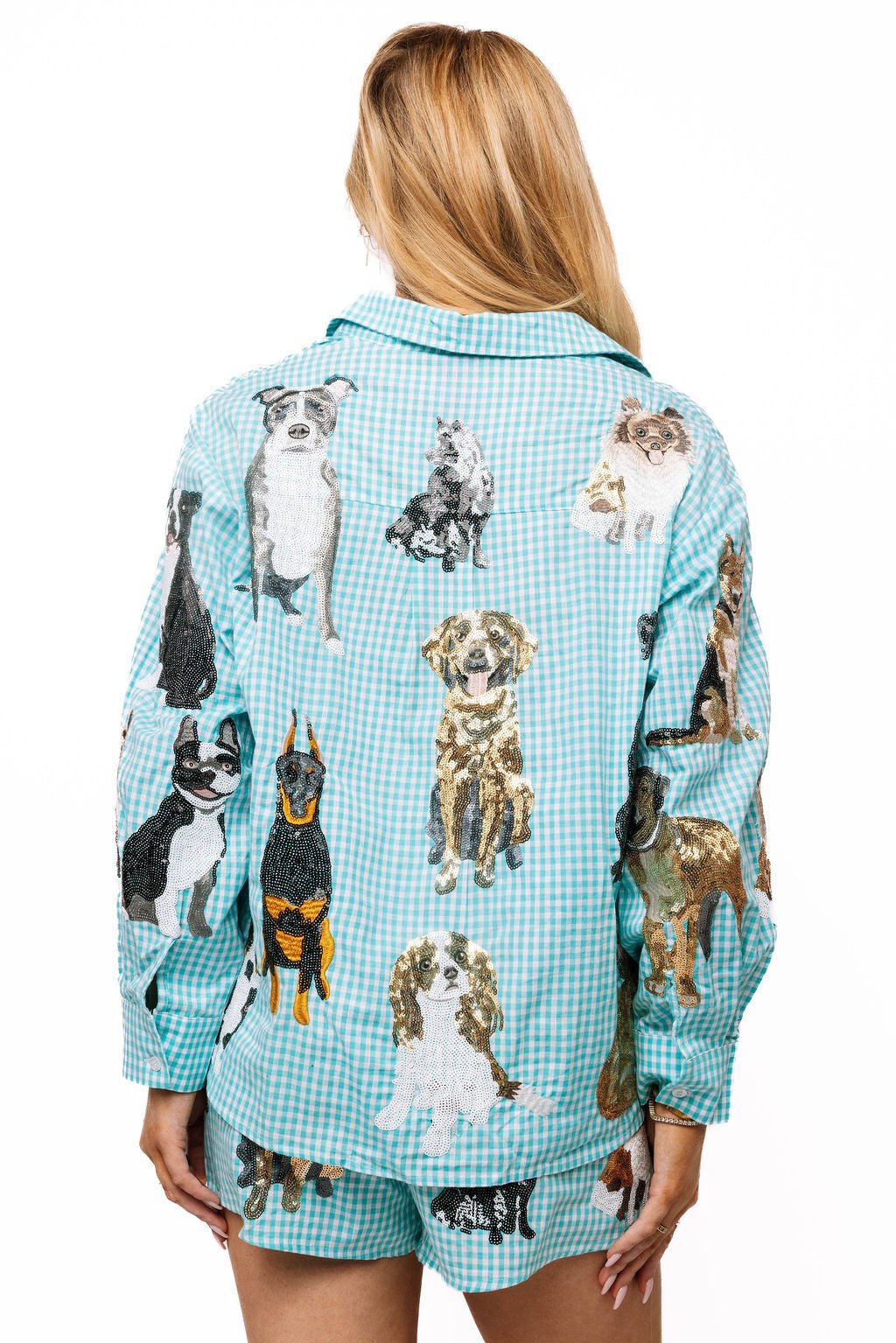 QOS Aqua Gingham Queen of Dogs Button Up Long Sleeve