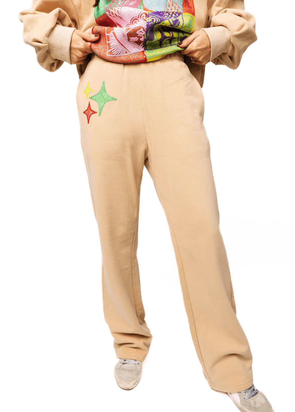 QOS  Beige Colorblock Bandana QOS Card Logo Sweat Pant