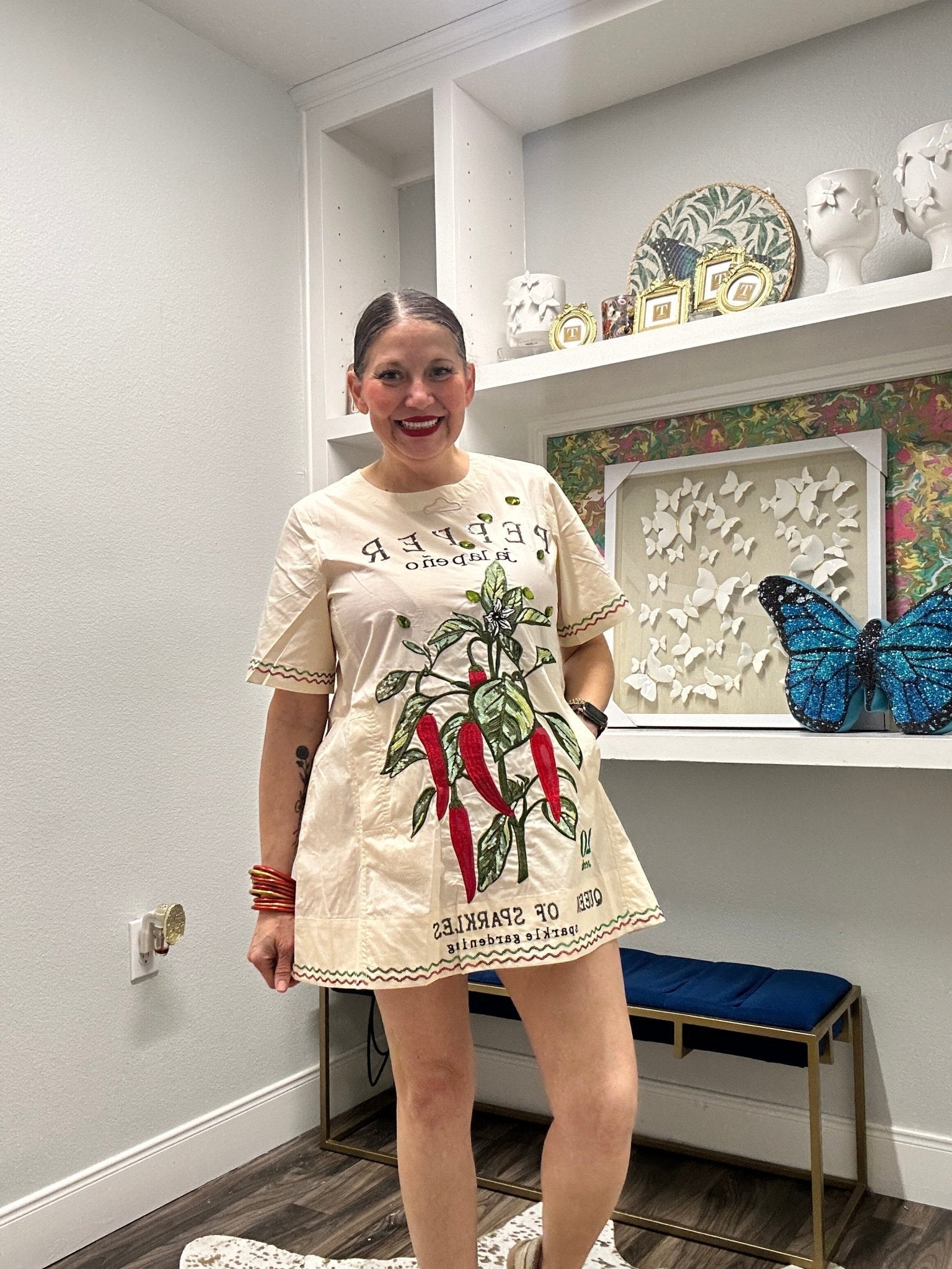 QOS Beige Jalapeño Seed Cotton Short Sleeve Dress