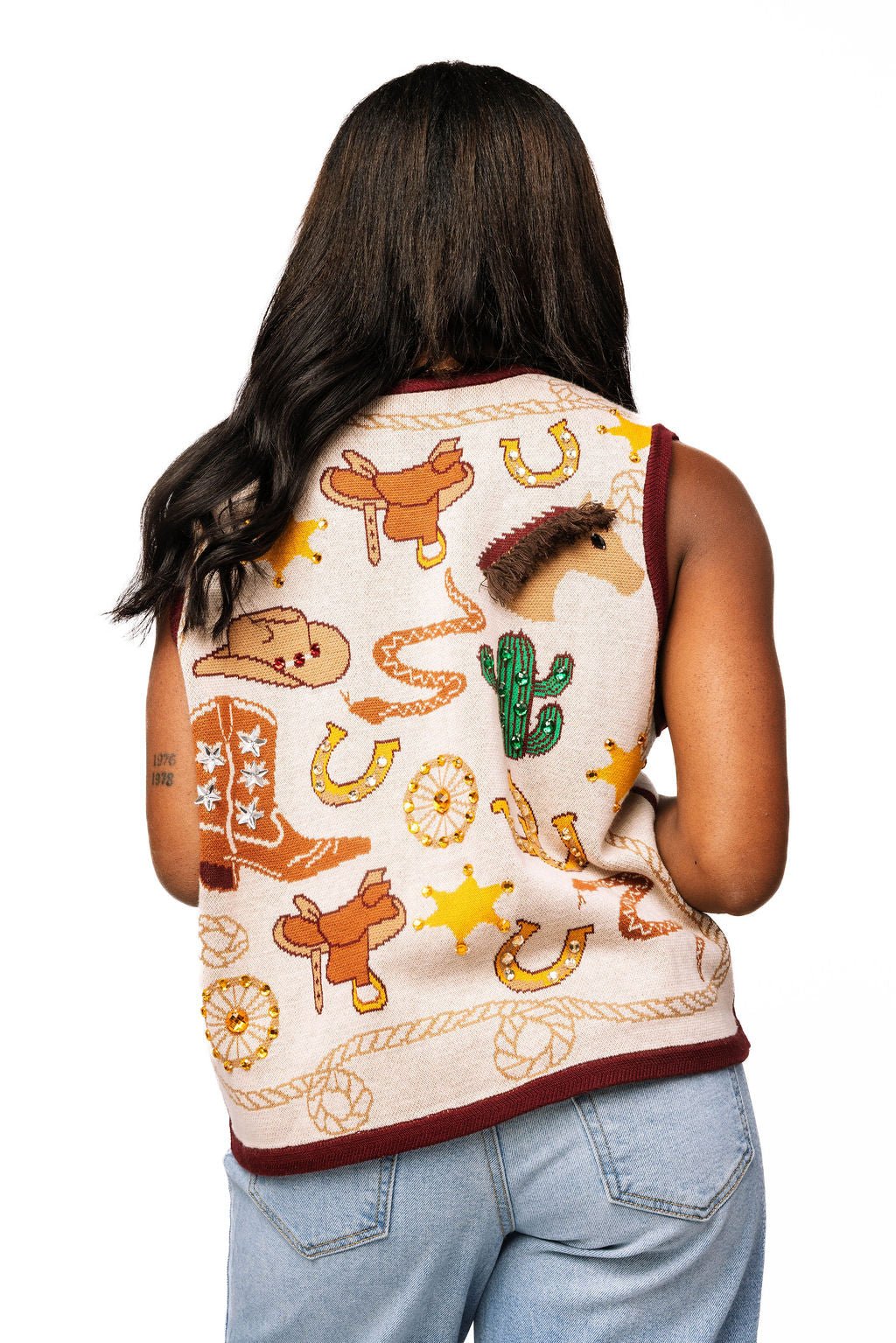 QOS Beige Multi Western Icon Knit Button Up Vest