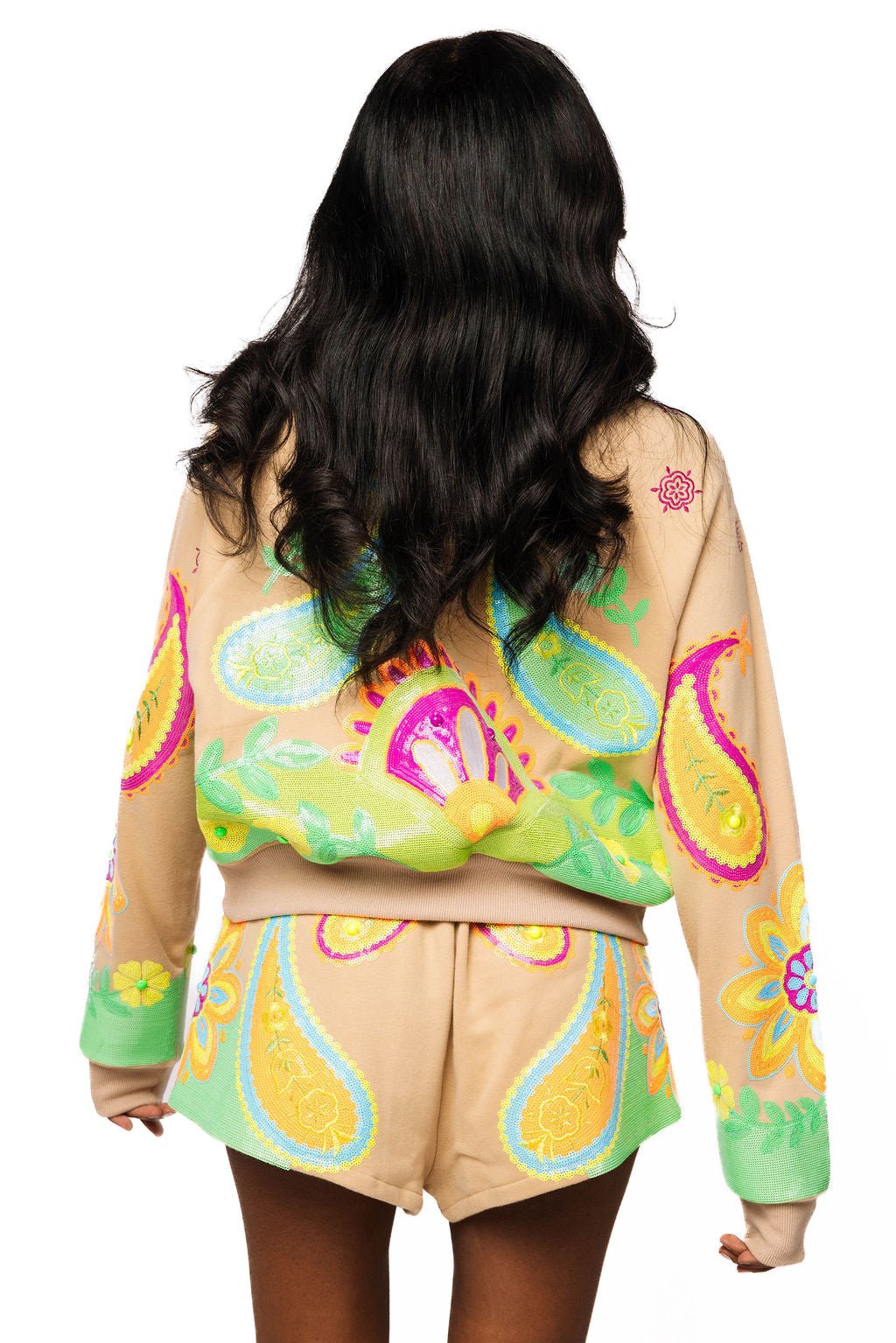QOS Beige & Neon Paisley Print Sweatshirt