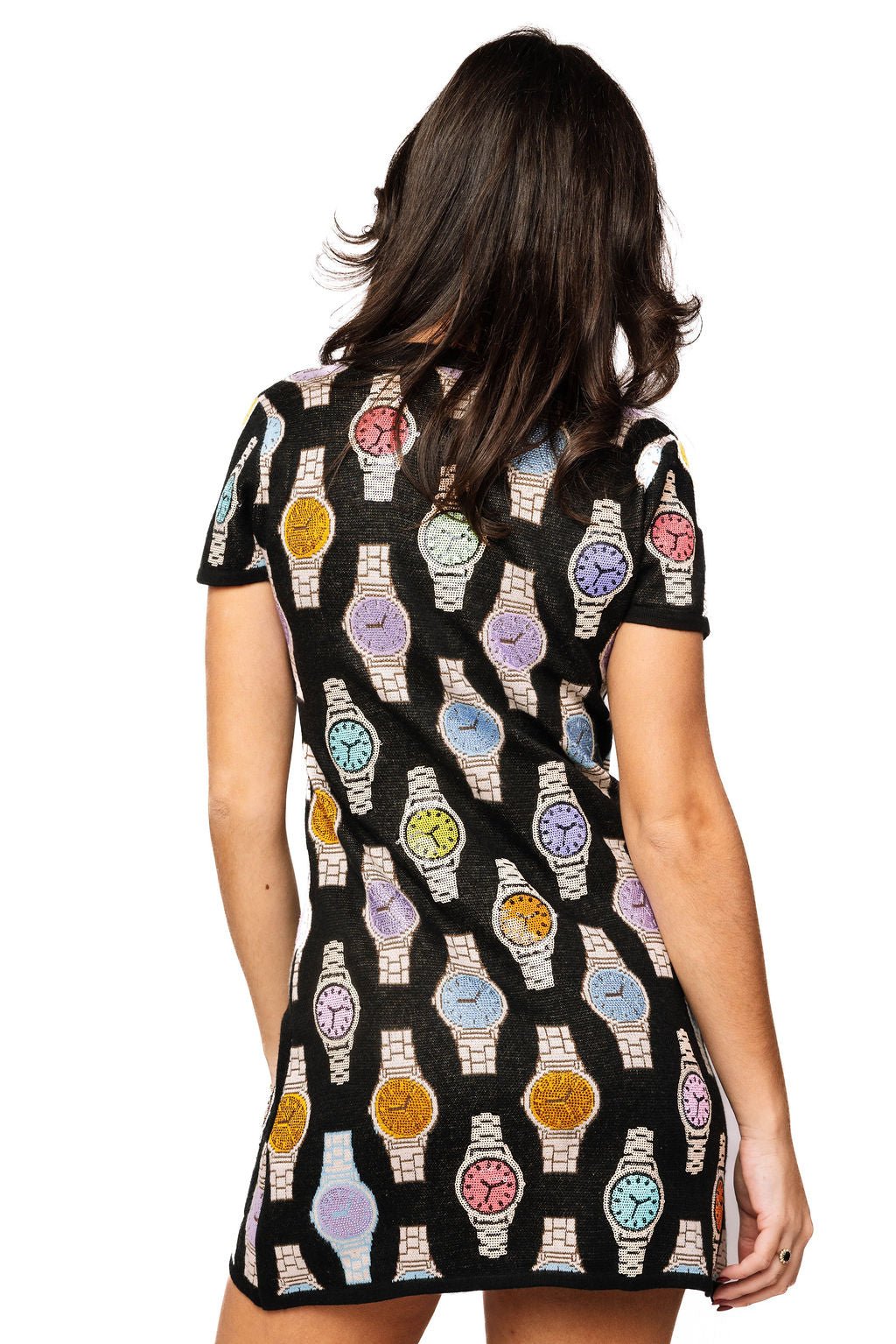 QOS Black Button Up Multi Watch Knit Short Sleeve Dress