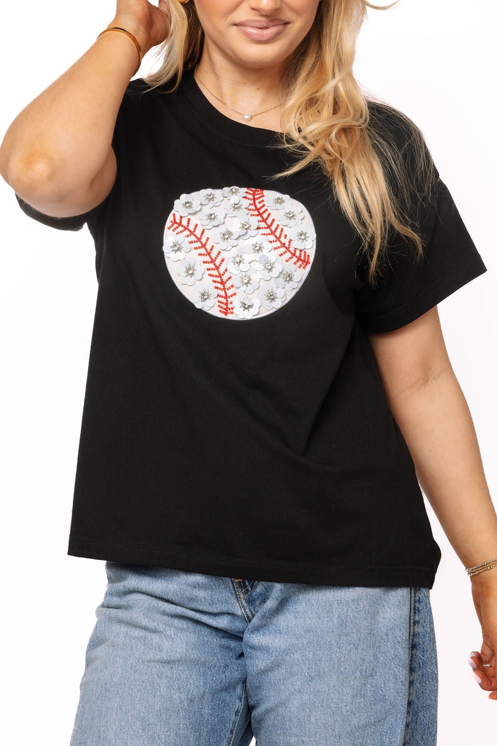QOS Black Flower Baseball Tee