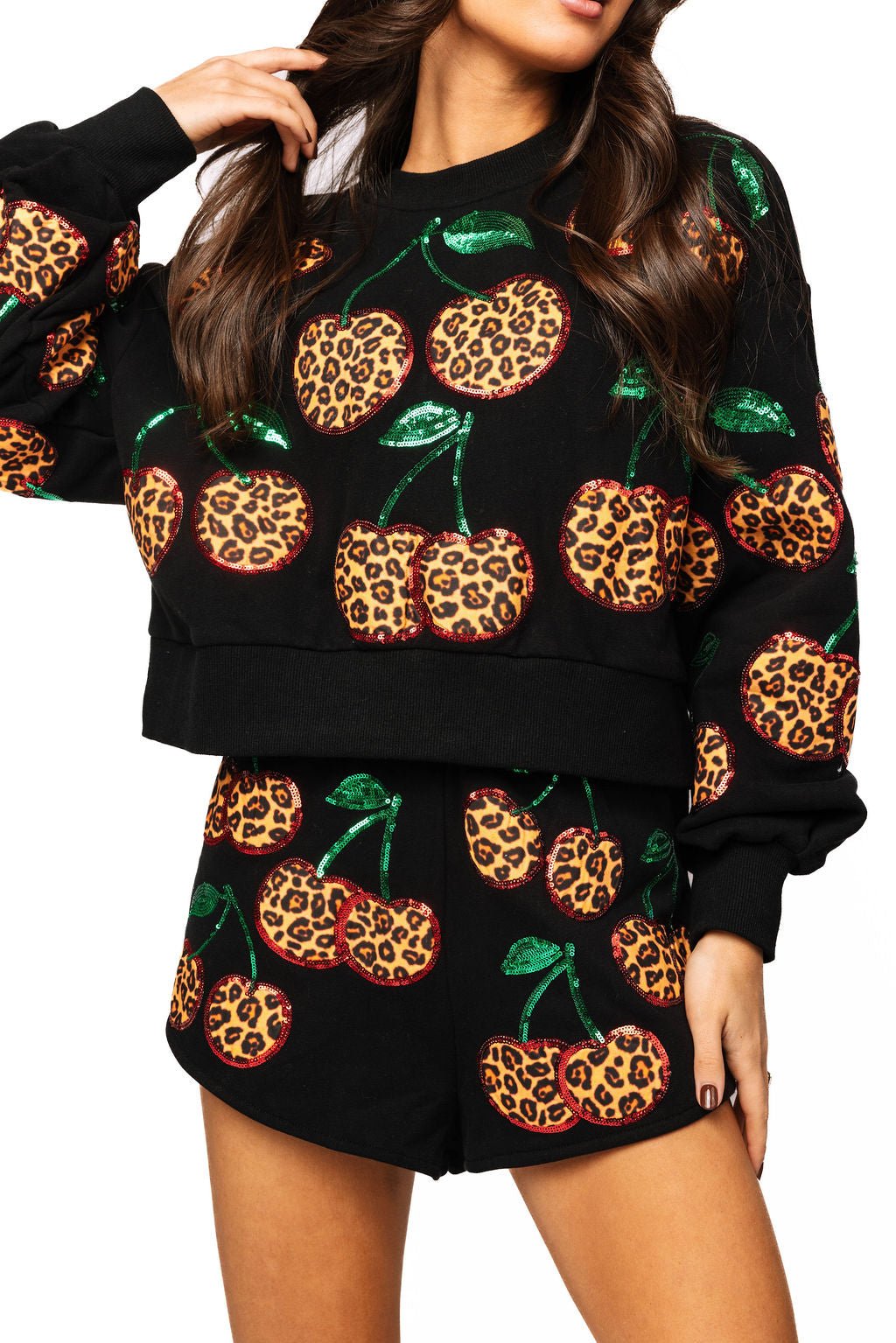 QOS Black Leopard Cherry Sweatshirt