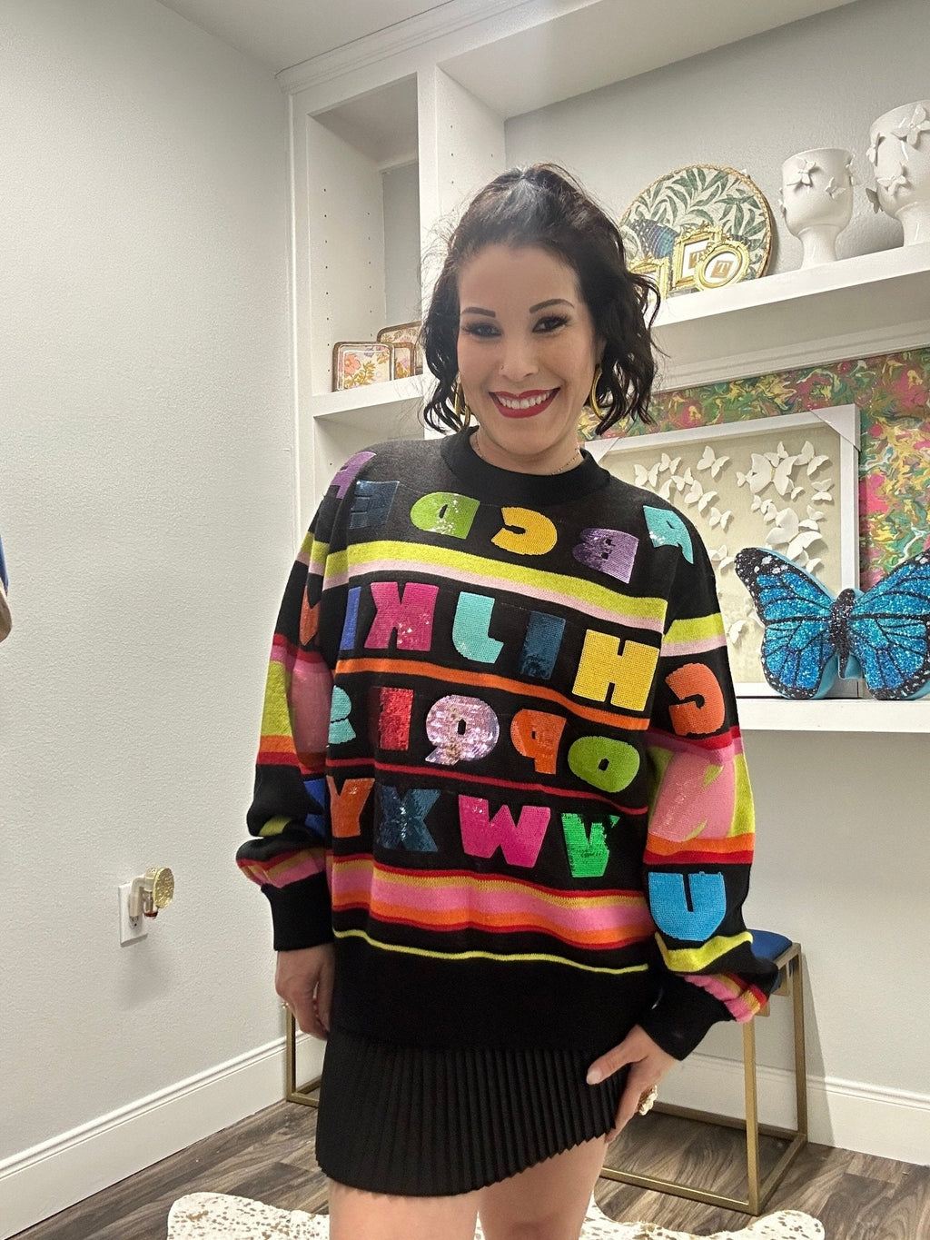 QOS Black Multi ABC's Sweater