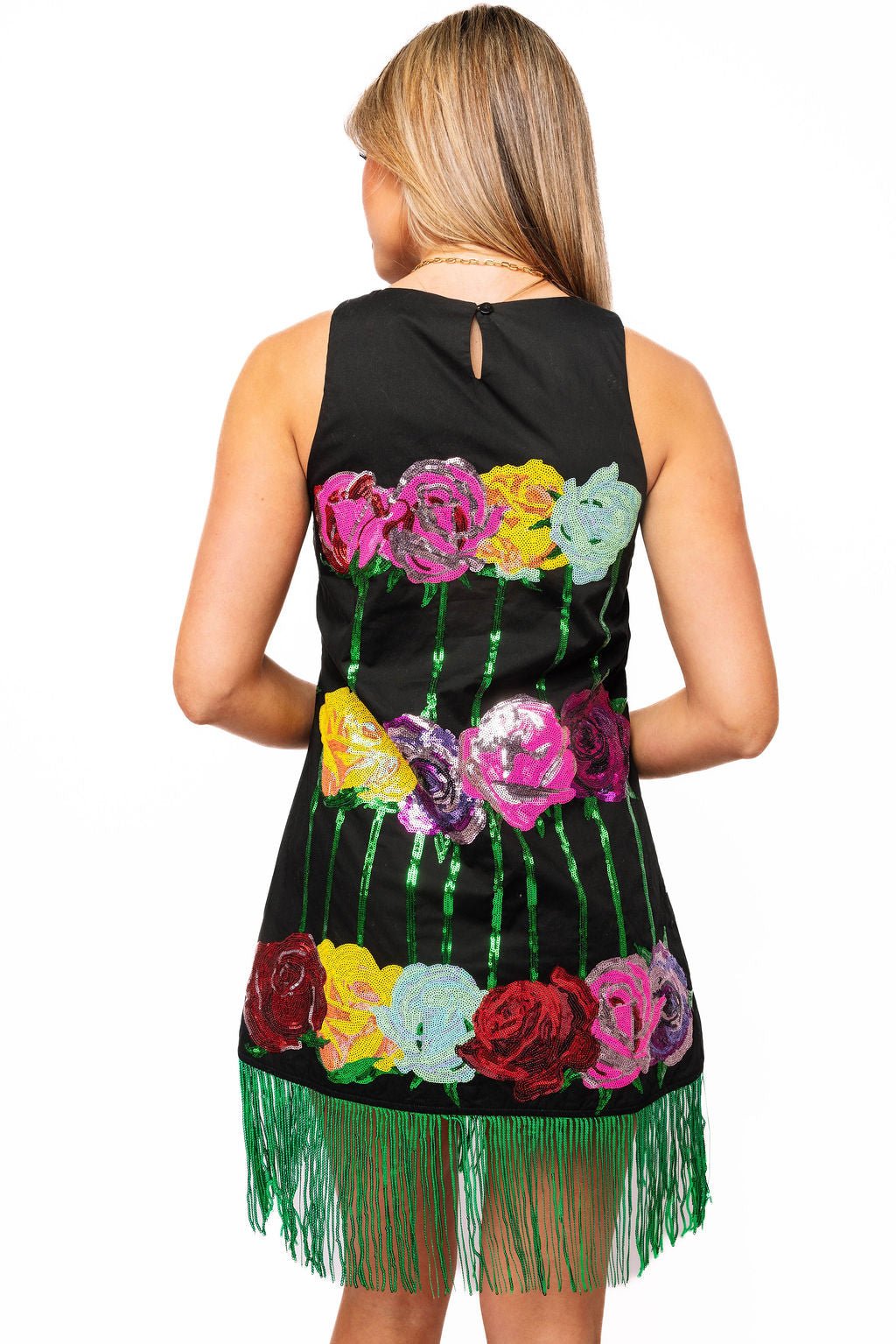 QOS Black Multi Rose Fringe Tank Dress