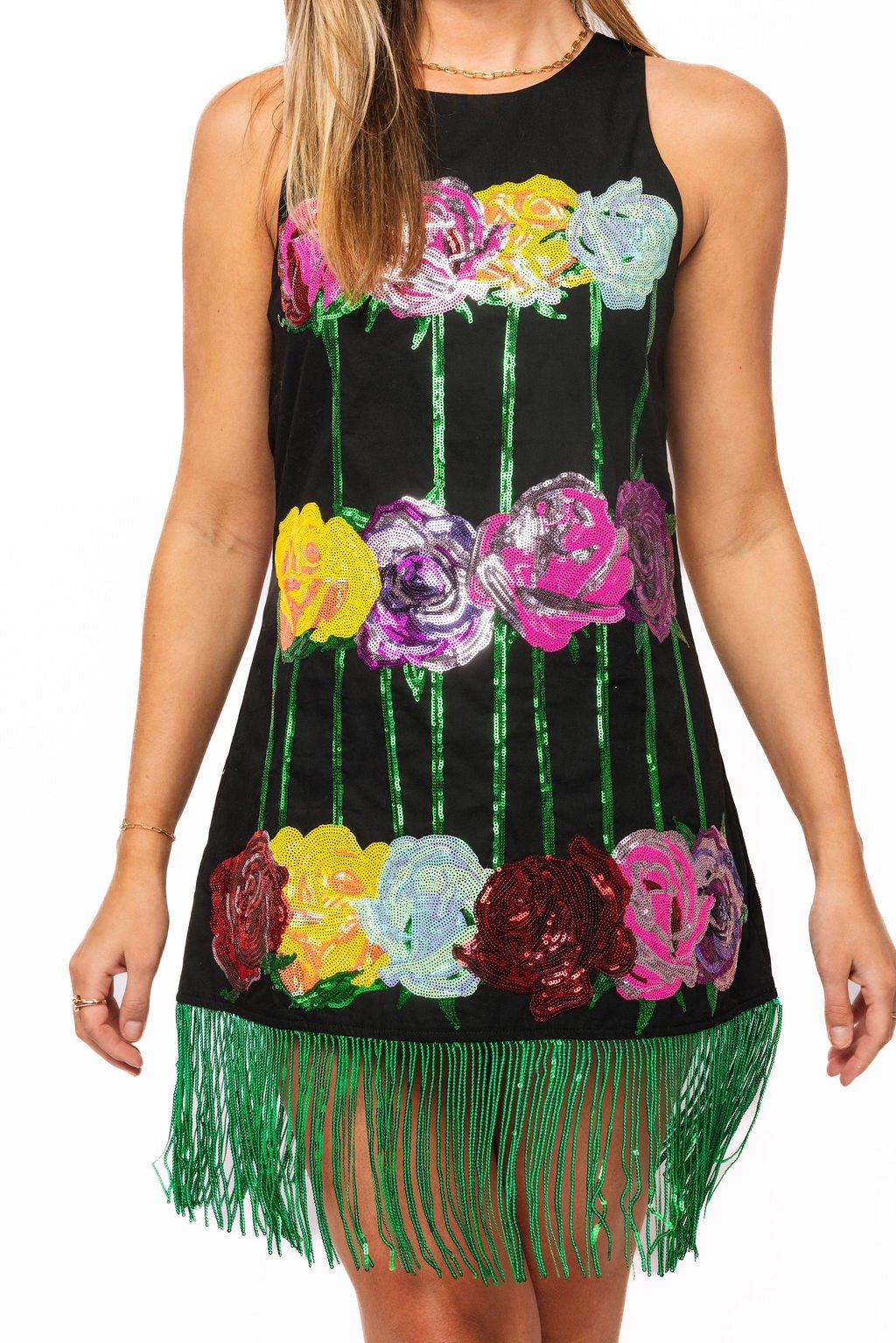 QOS Black Multi Rose Fringe Tank Dress