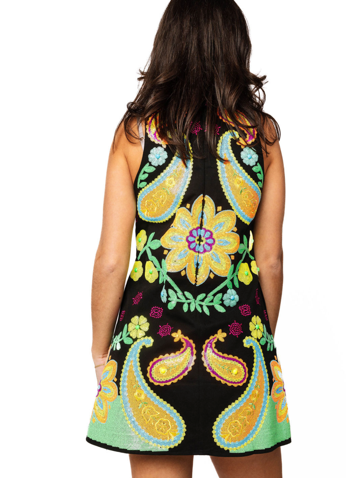 QOS Black & Neon Paisley Print V Neck Tank Dress