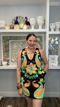 QOS Black & Neon Paisley Print V Neck Tank Dress