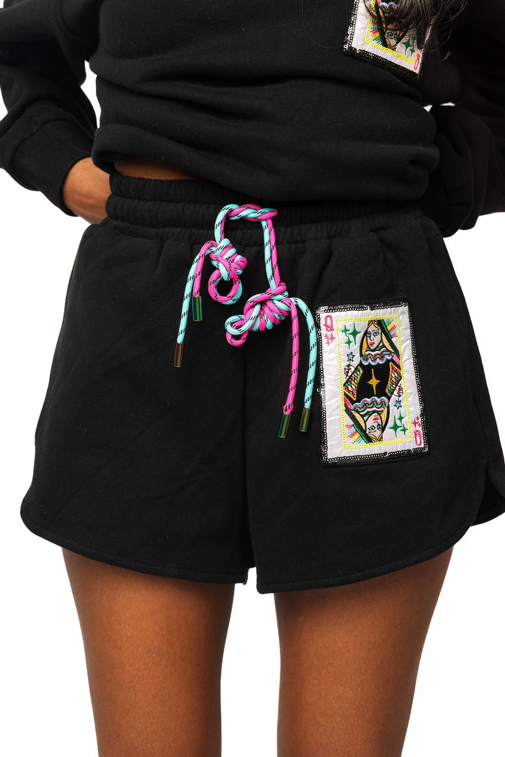 QOS Black QOS Queen Card Rhinestone Tie Short