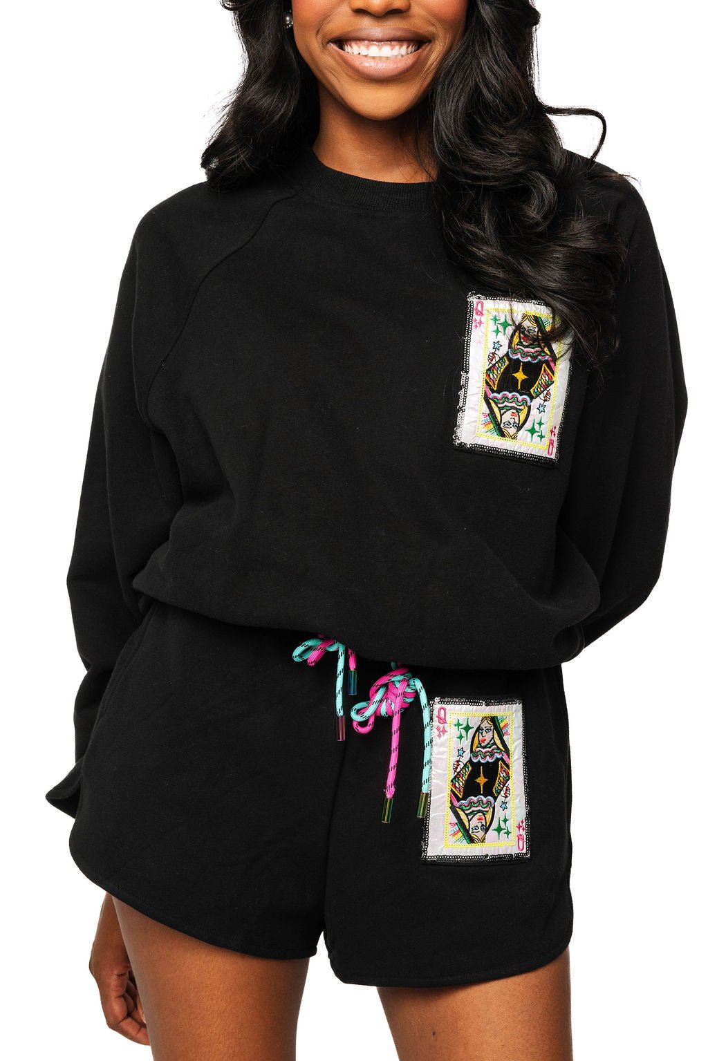 QOS Black QOS Queen Card Rhinestone Tie Sweatshirt