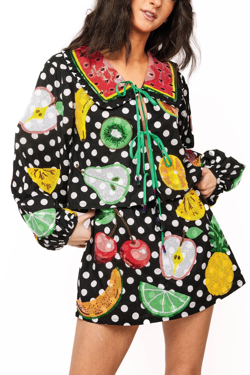 QOS Black & White Polka Dot Fruit Cotton Skirt