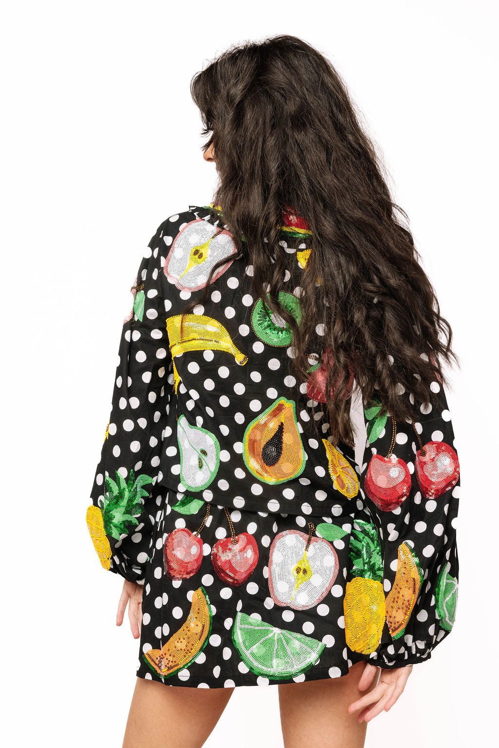 QOS  Black & White Polka Dot Tie Up Fruit Cotton Top