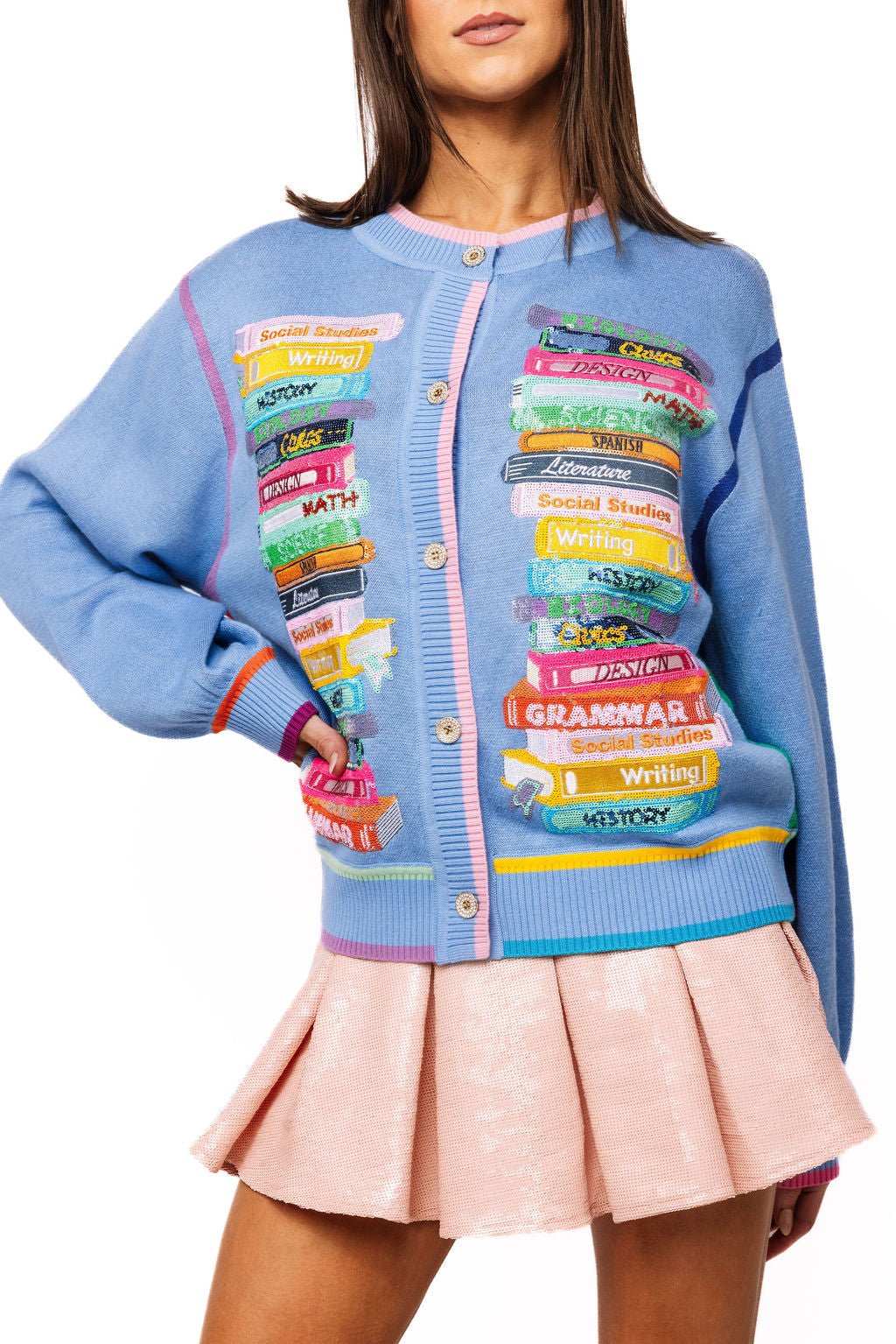QOS Blue Rainbow Trim School Books Cardigan