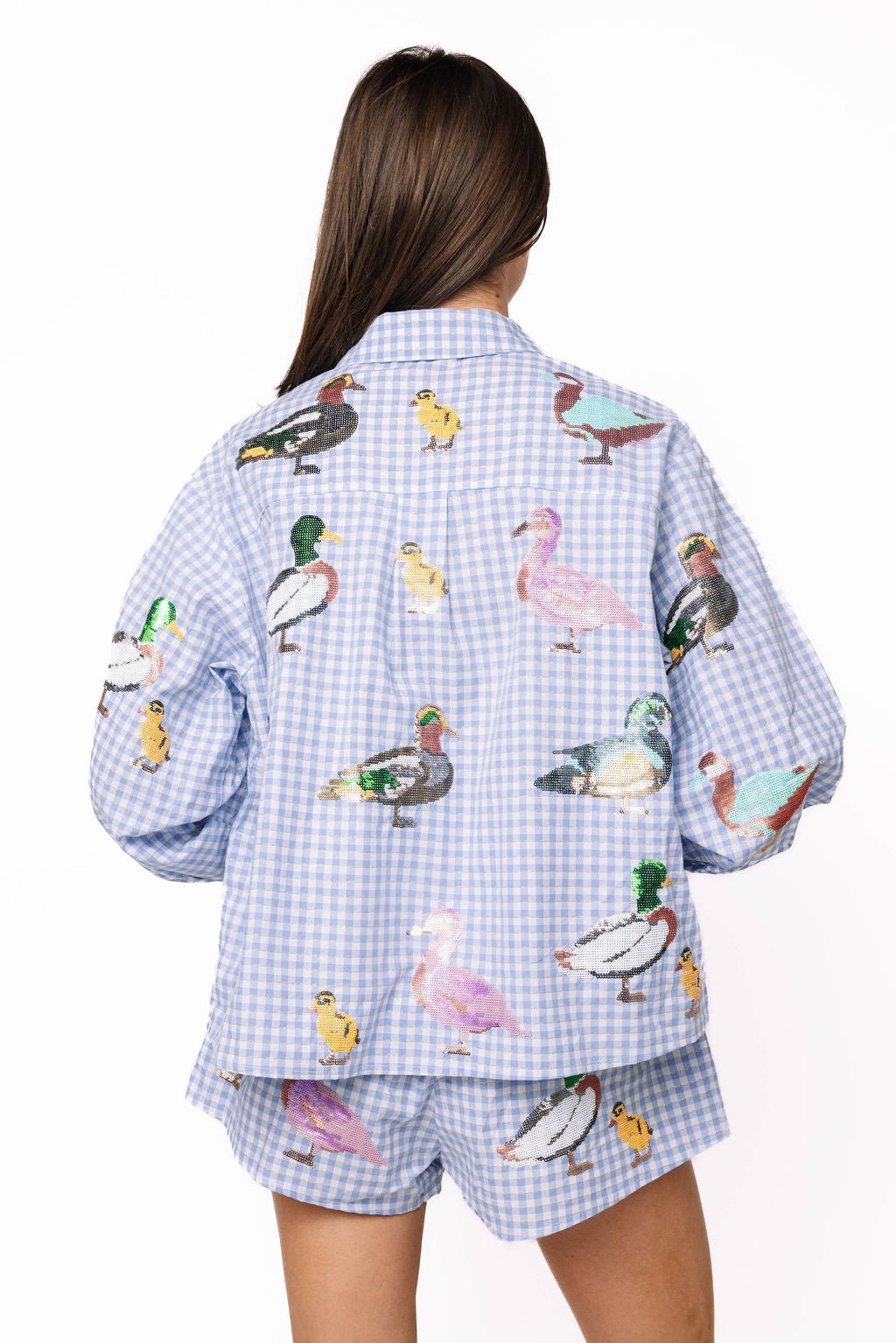 QOS Blue & White Gingham Scattered Duck Short