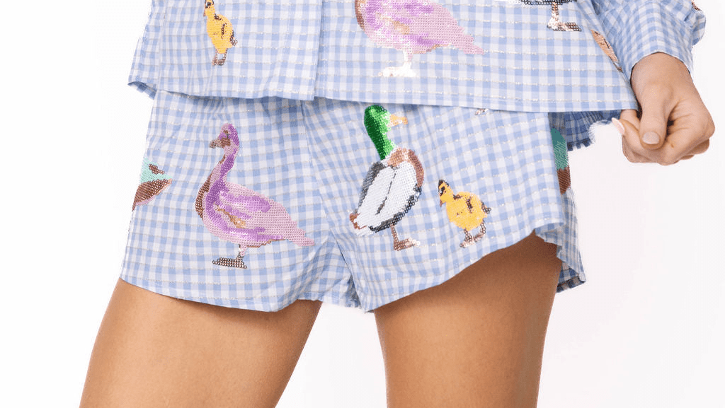 QOS Blue & White Gingham Scattered Duck Short