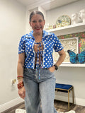 QOS Blue & White Rickrack Polka Dot Tie Up Cotton Top