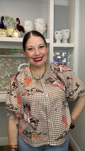 QOS Brown Gingham Bucking Cowgirl Button Up Cotton Top