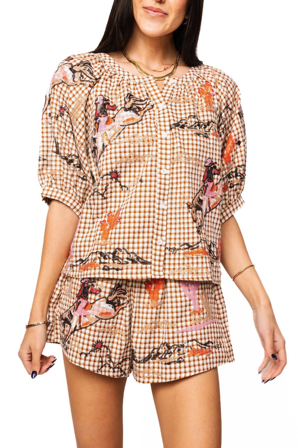 QOS Brown Gingham Bucking Cowgirl Short
